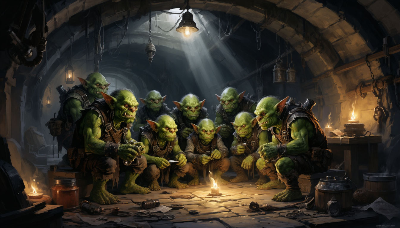 Гоблины в своей подземной мастерской среди украденных вещей.