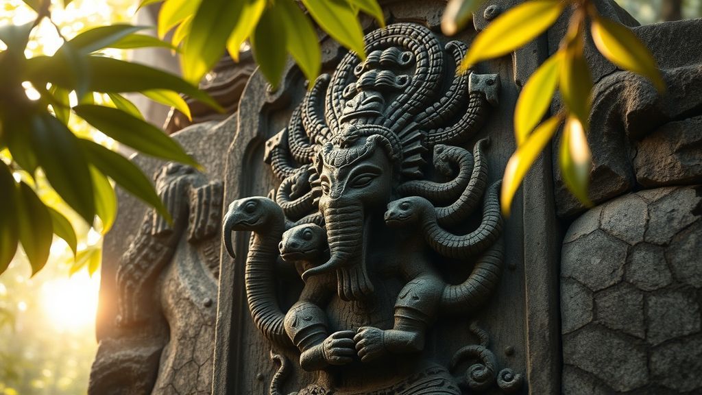 Рельеф с изображением многоголового нага в древнем индуистском храме