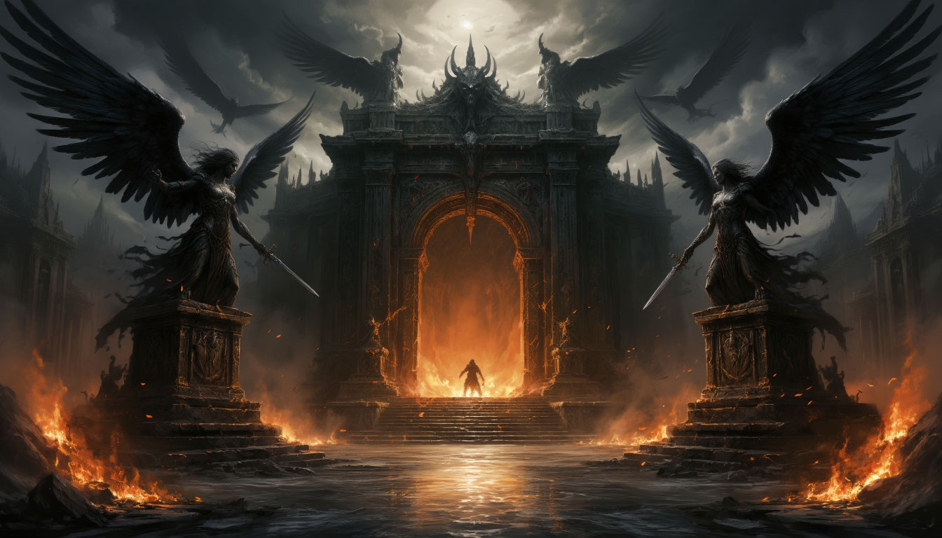 Врата Тартара и охраняющие их крылатые Фурии у огненной реки.