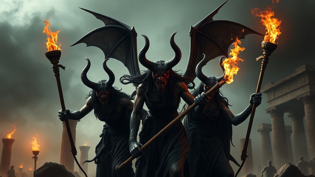 Три Фурии — богини мщения с факелами.