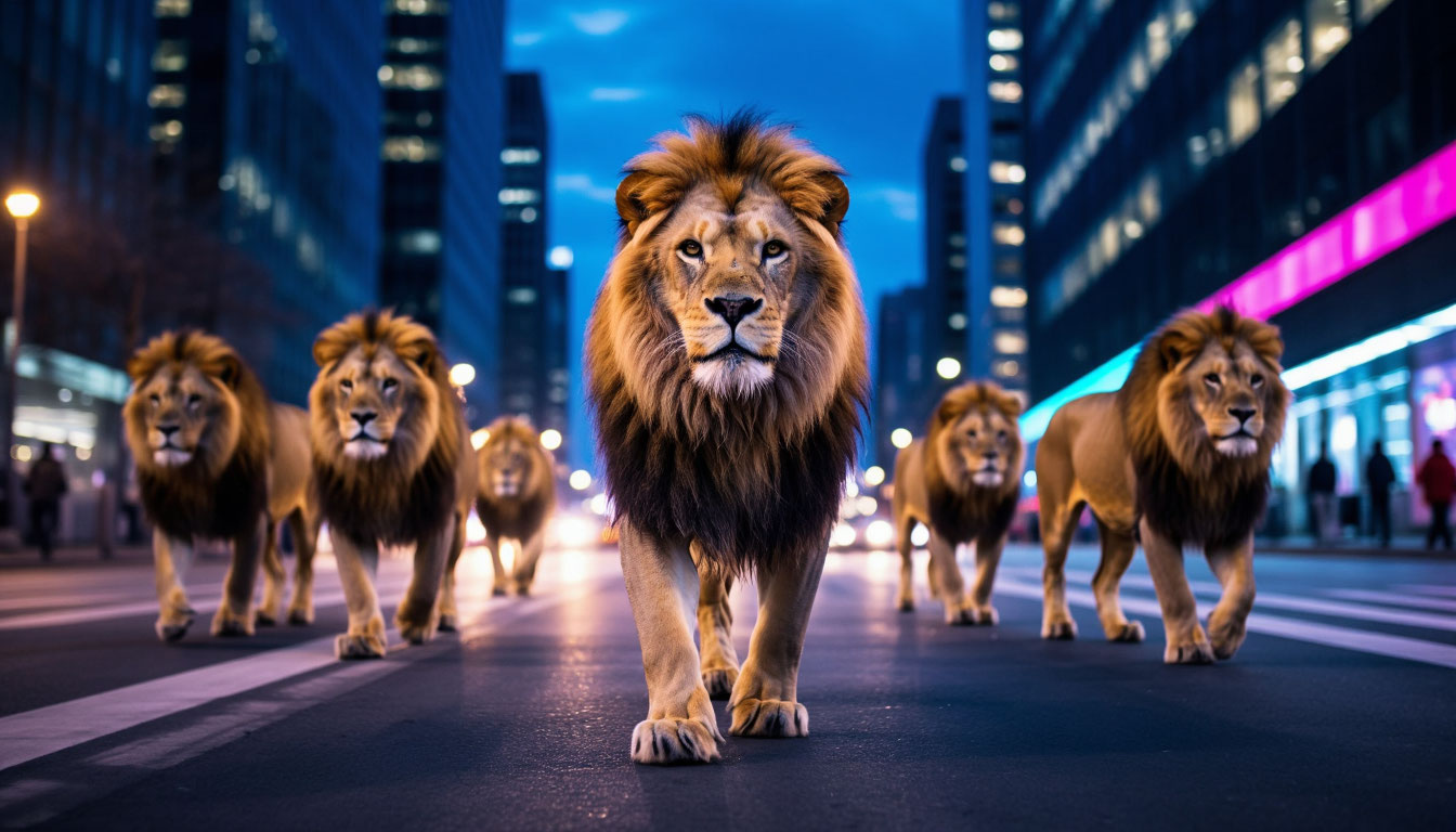 Прайд львов на ночной улице мегаполиса в сюрреалистическом стиле.