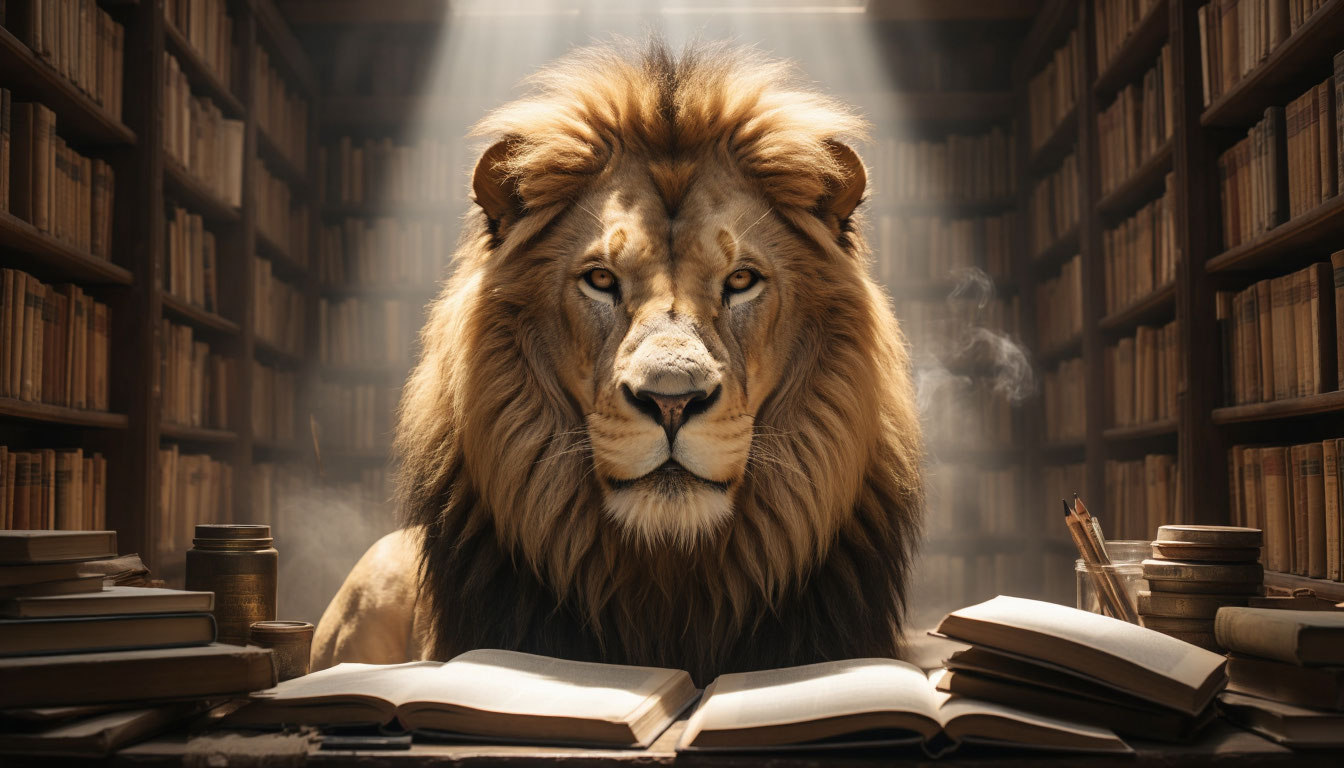 Встреча человека со спокойным львом в мистической библиотеке.