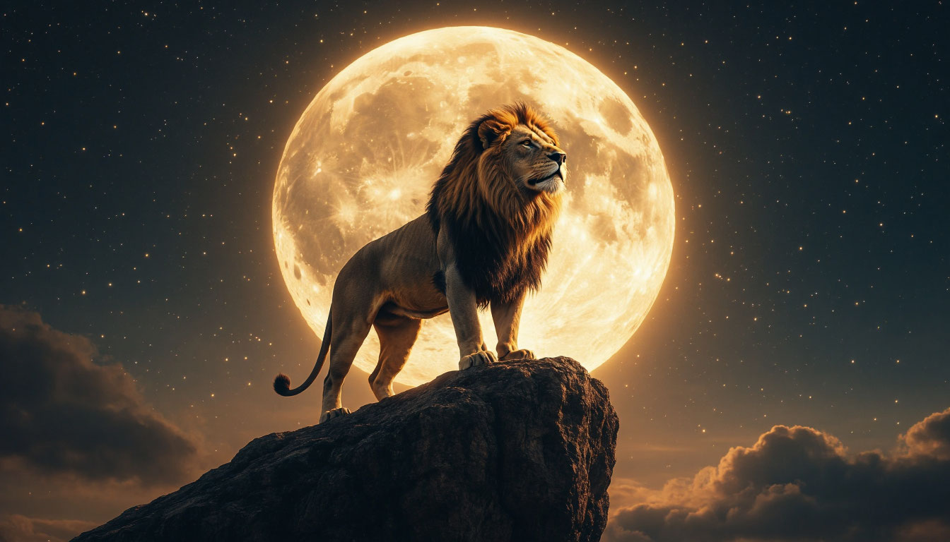 Золотой лев на скале под светом луны в сюрреалистичном сне.