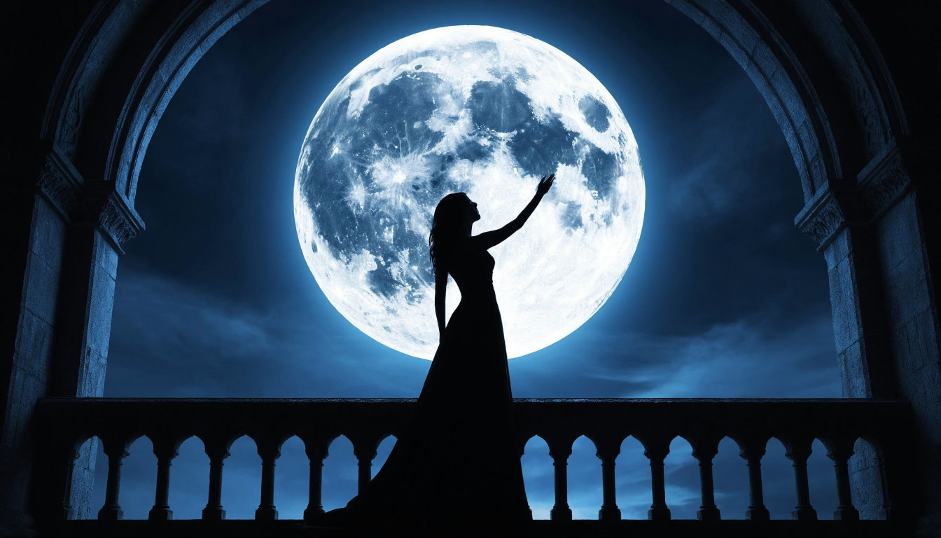 Женский силуэт на фоне огромной светящейся полной луны.