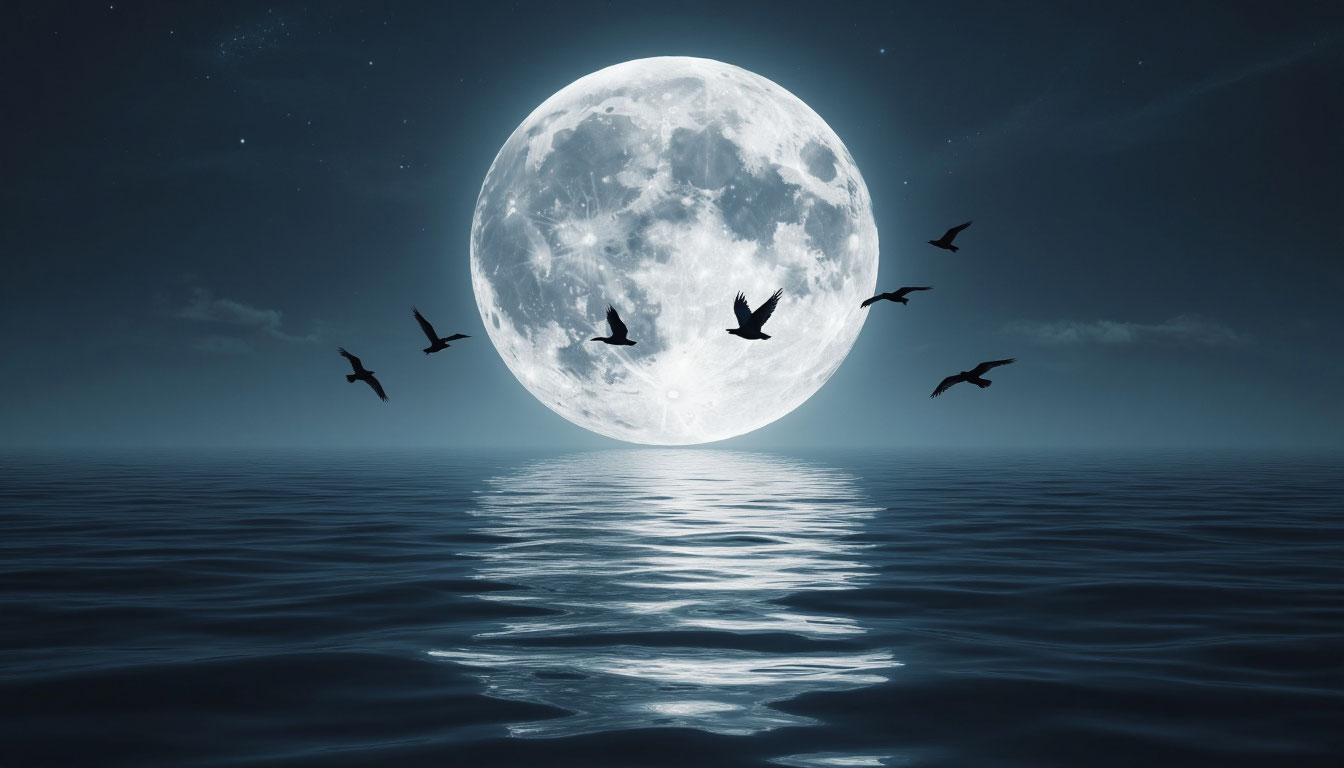 Гигантская мистическая луна над спокойным океаном во сне.