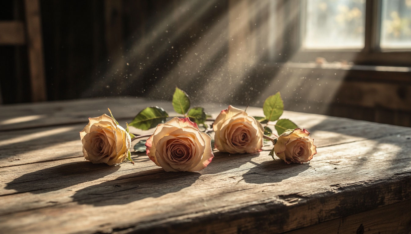 Увядшие розы на старом столе как символ прощания с прошлым.