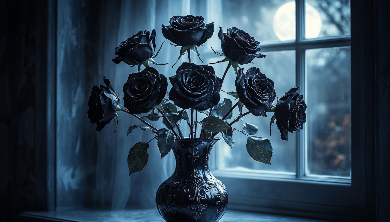 Черные розы с серебряными шипами в лунном свете.