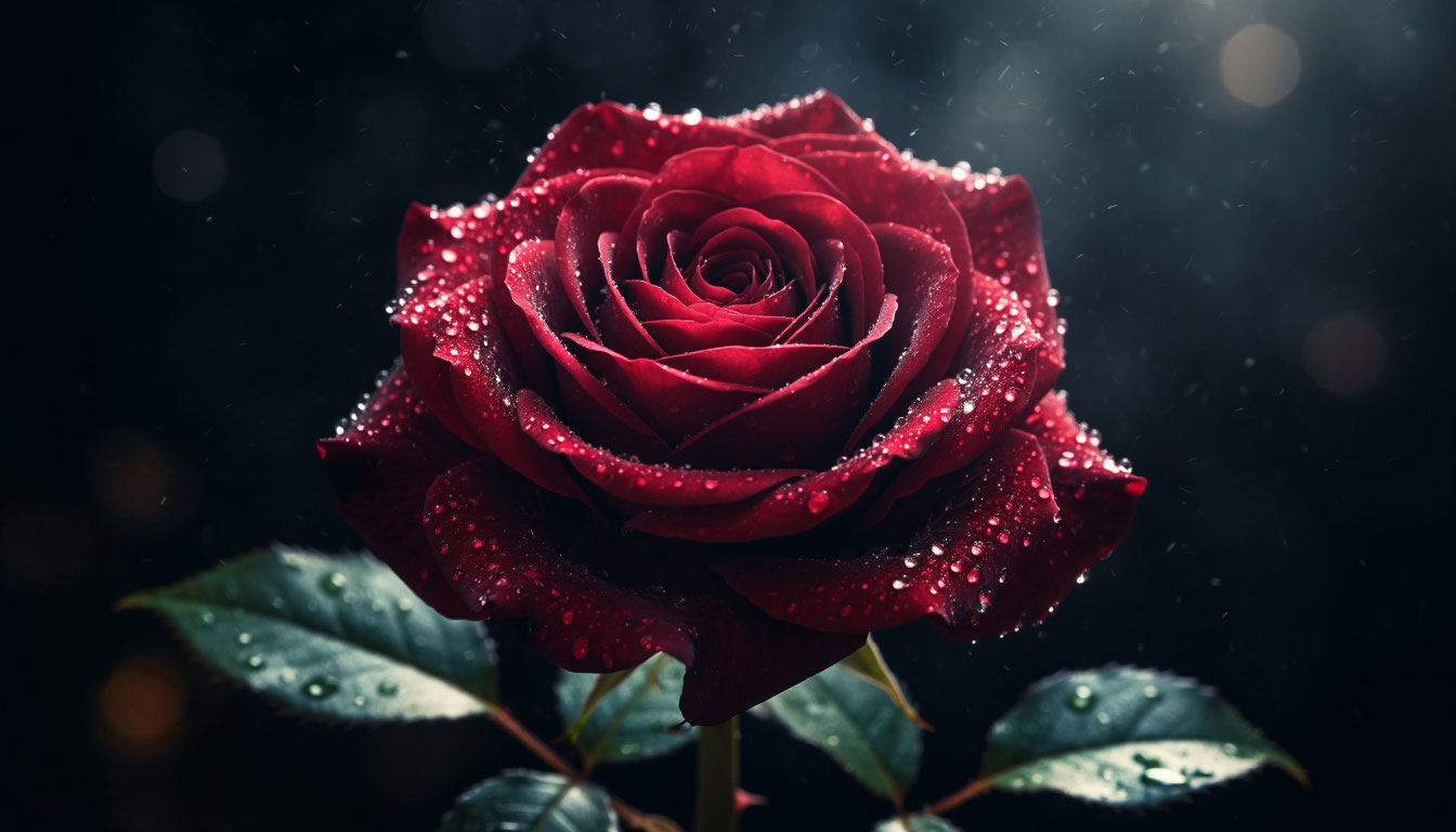 Красная роза с каплями росы в мистическом пространстве сна.