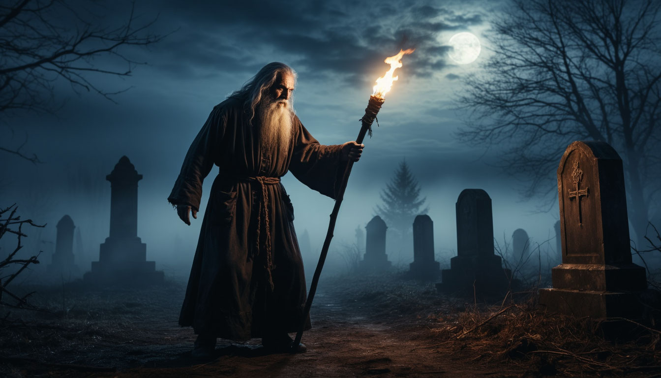 Охотник на вампиров проводит ритуал изгнания убора на кладбище