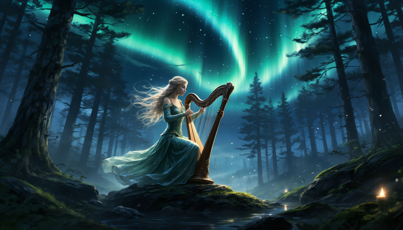 Дух альва с арфой в ночном скандинавском лесу под северным сиянием