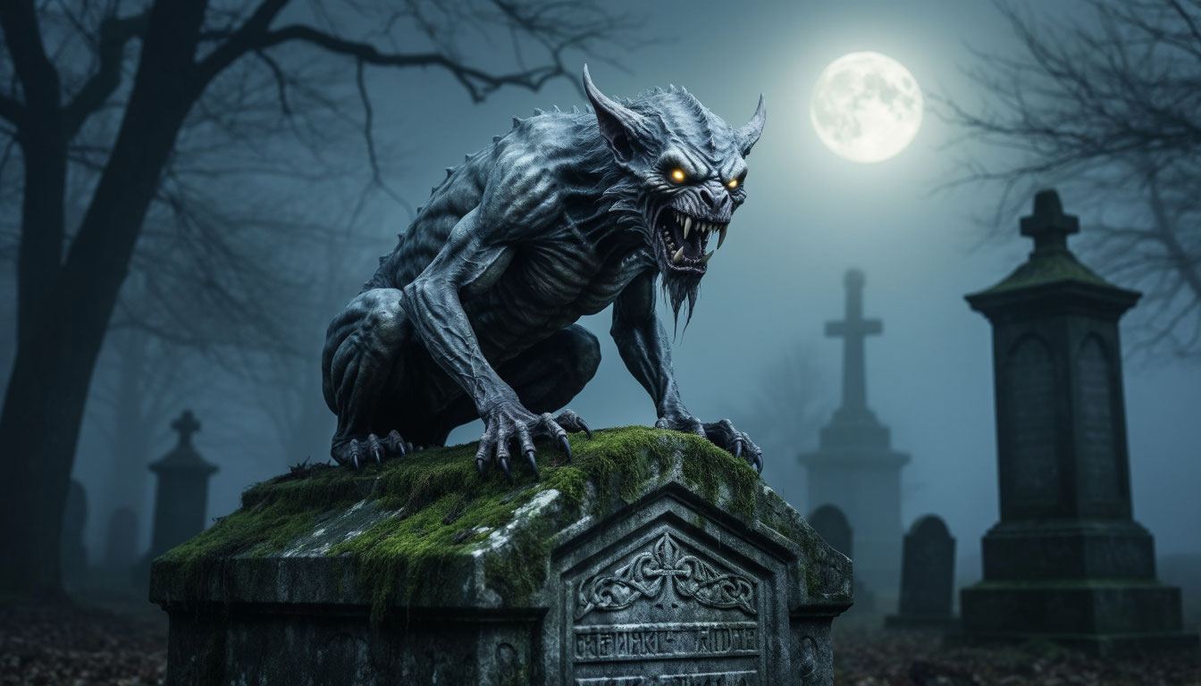 Мифическая стрыга с двумя рядами зубов на ночном кладбище