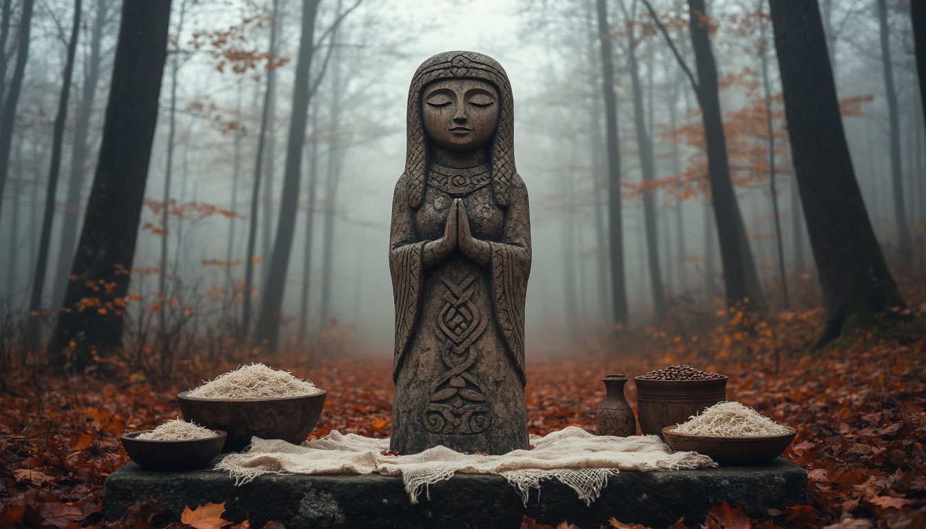 Древний идол Макоши в туманном осеннем лесу с подношениями