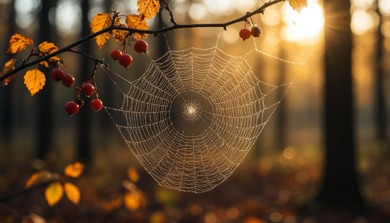 Серебряная паутина Макоши на осенних ветвях в лучах солнца