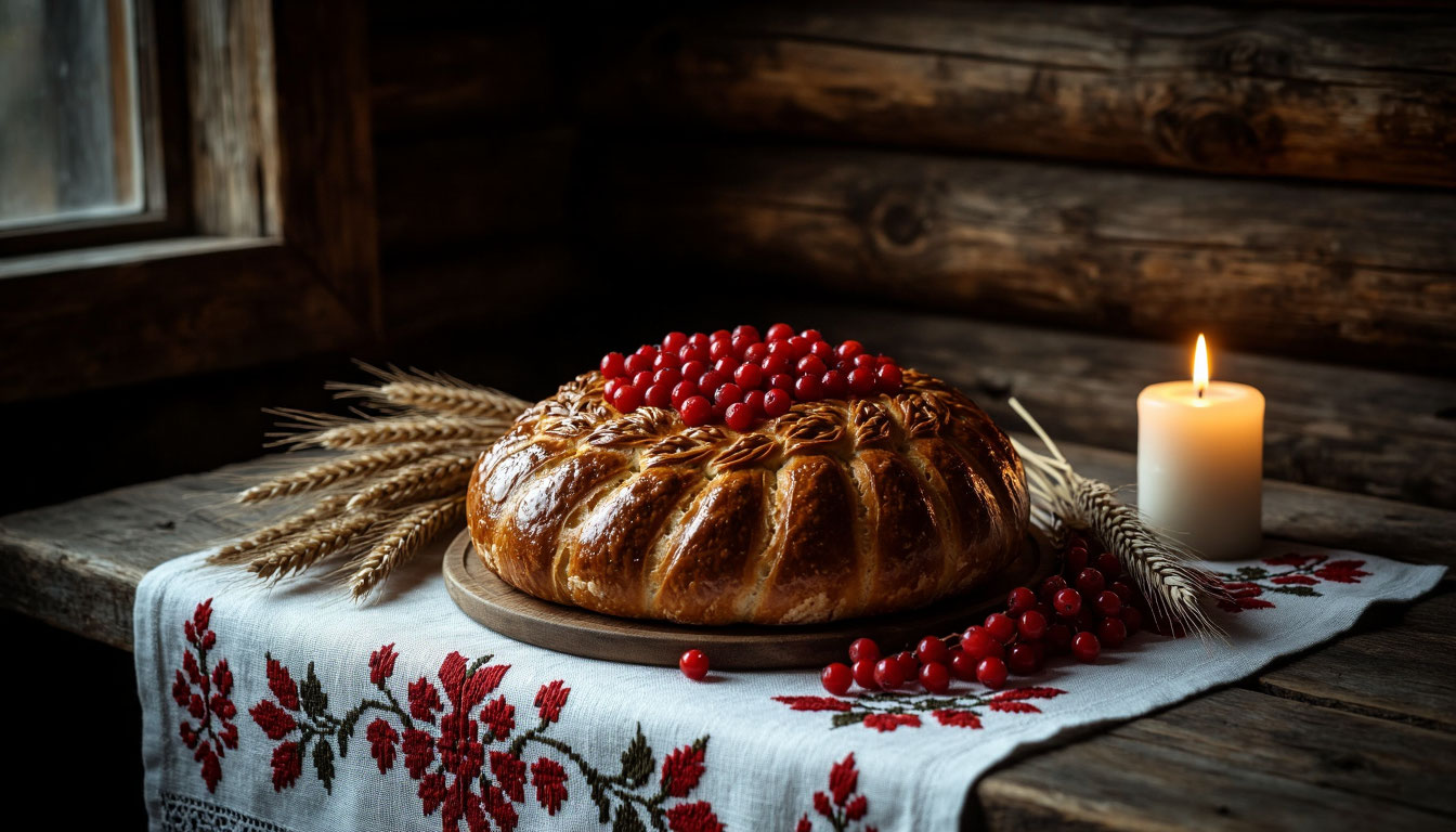 Ритуальный каравай на вышитом рушнике для праздника Осенин