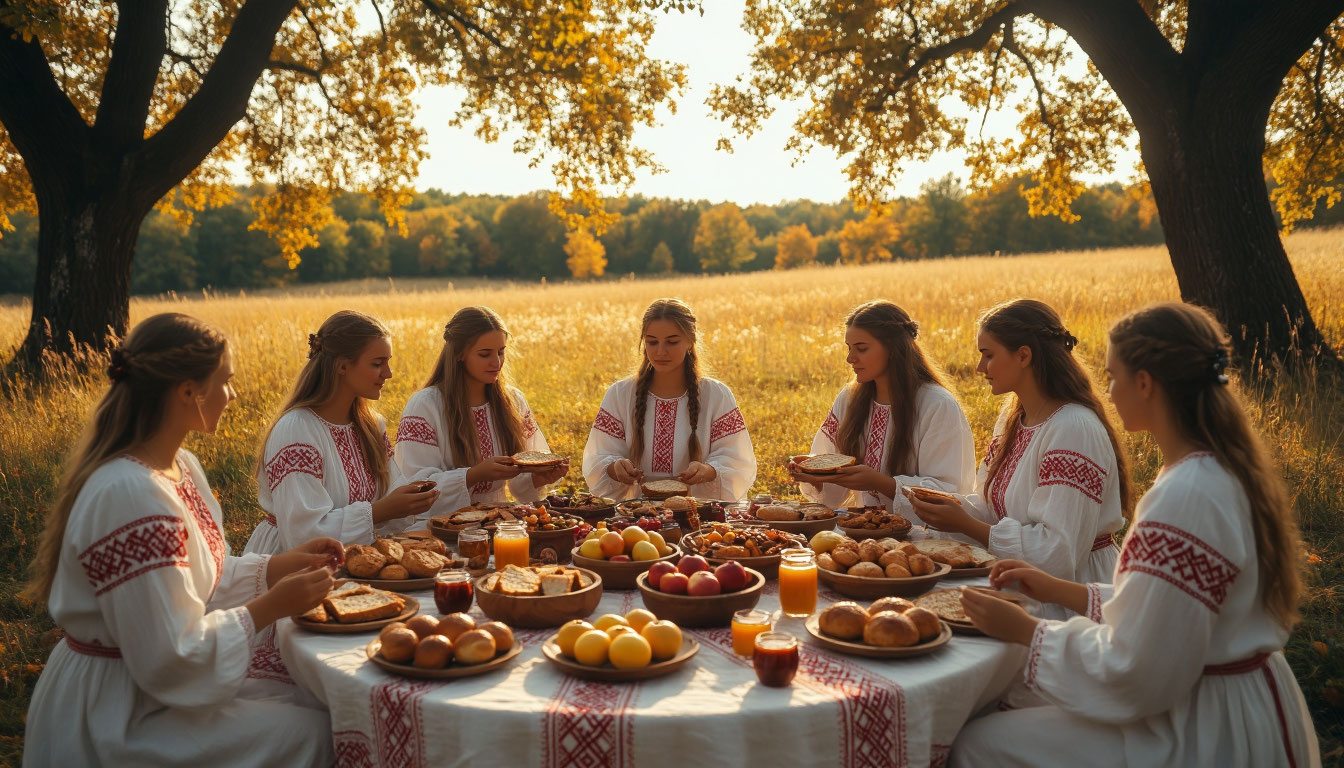 Празднование Осенин в древнеславянской общине при закатном солнце