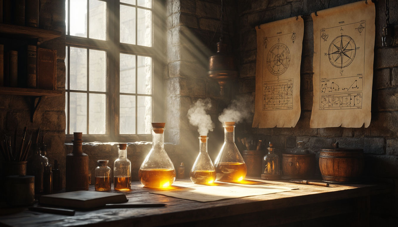 Тайная лаборатория алхимика с древними манускриптами и эликсирами