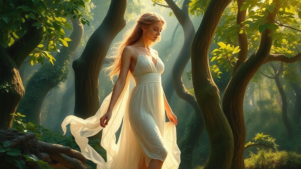 Прекрасная нимфа в античном одеянии среди магического леса