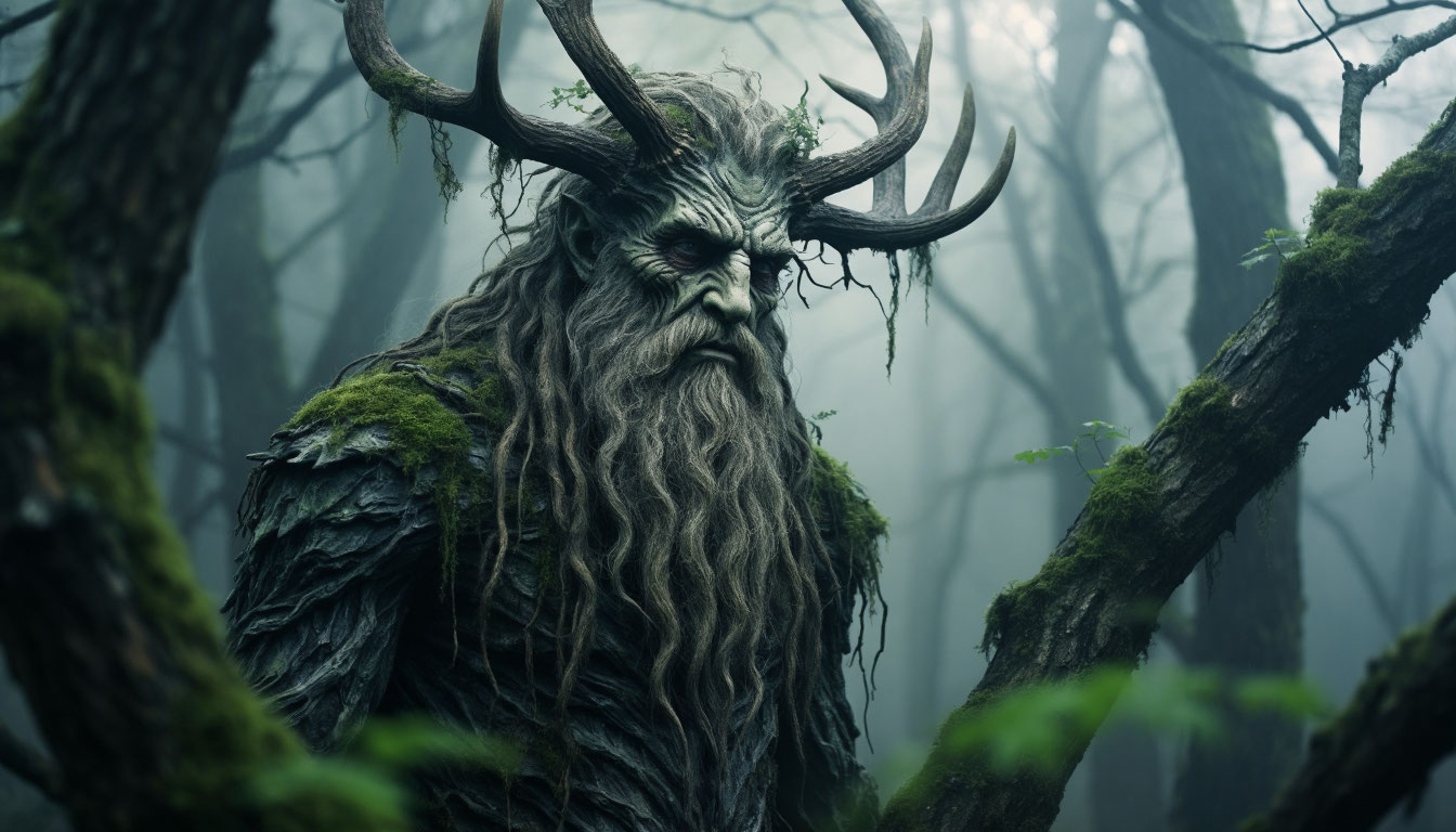 Дух леса Леший среди старых деревьев в тумане