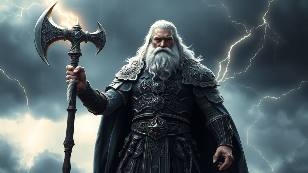 Бог громовержец Перун в доспехах с секирой