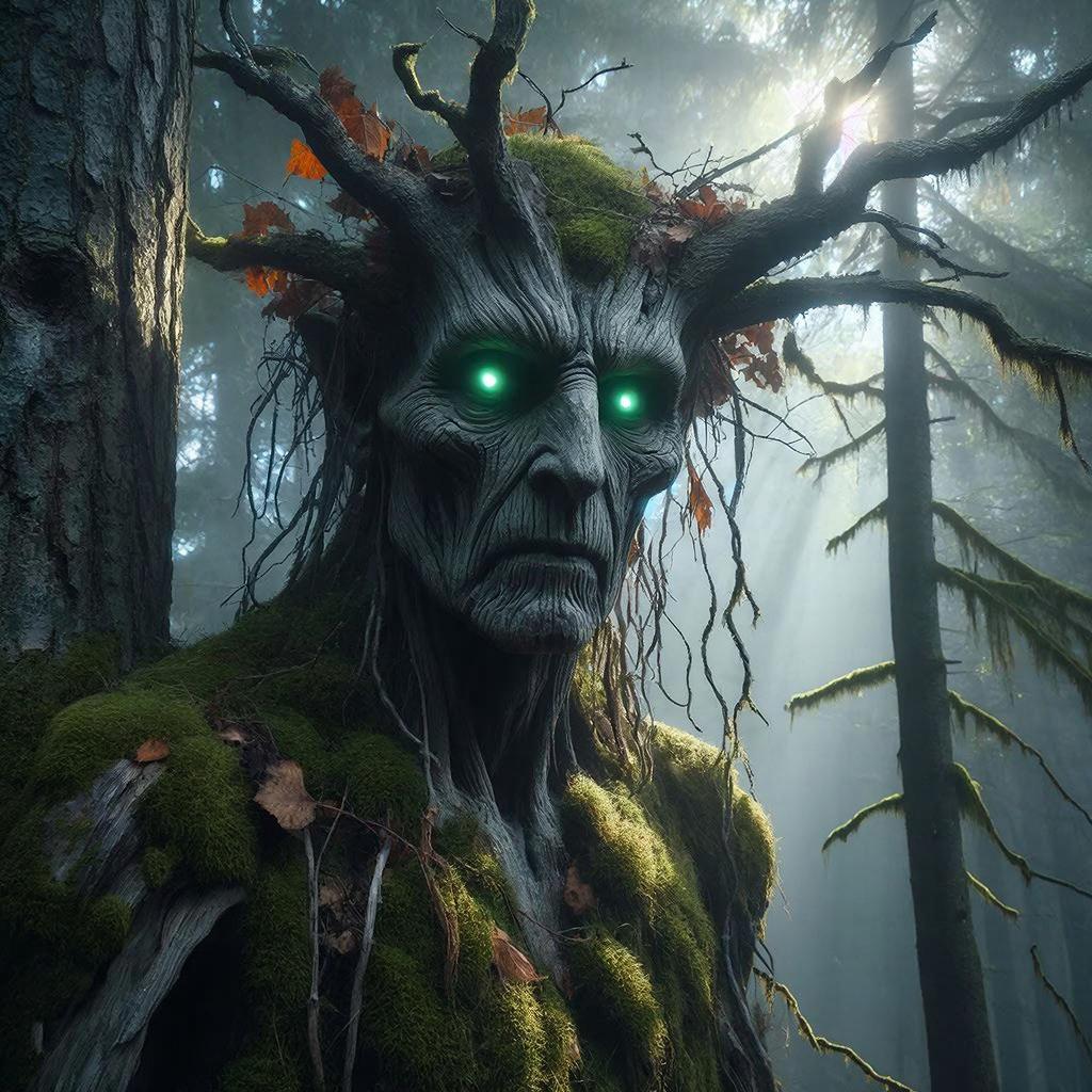 Лесной дух леший среди старых деревьев в тумане