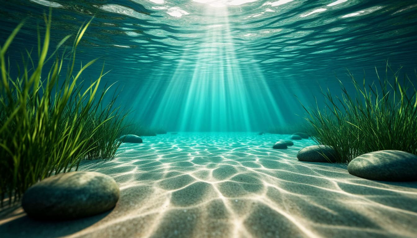 Солнечные блики на поверхности бирюзовой морской воды и подводные водоросли