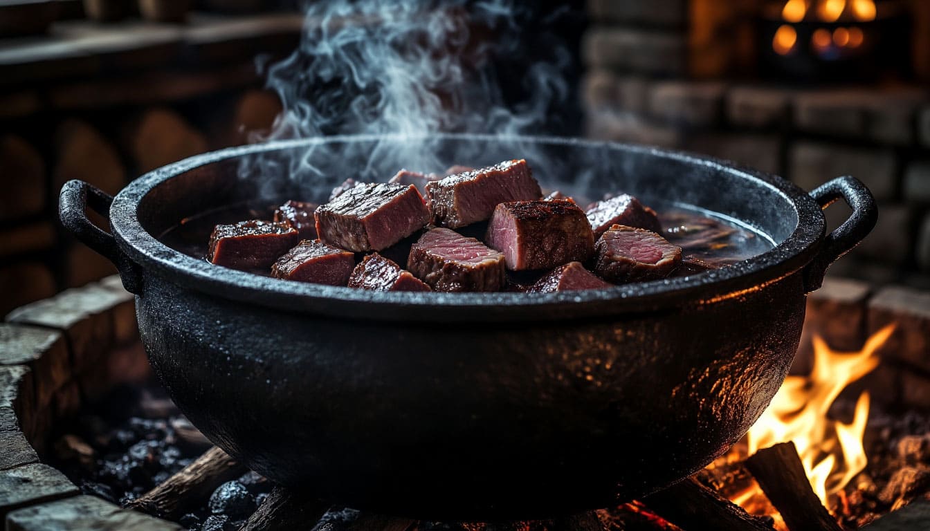 Реалистичное фото железного котла на костре с варящимся мясом в стиле фэнтези